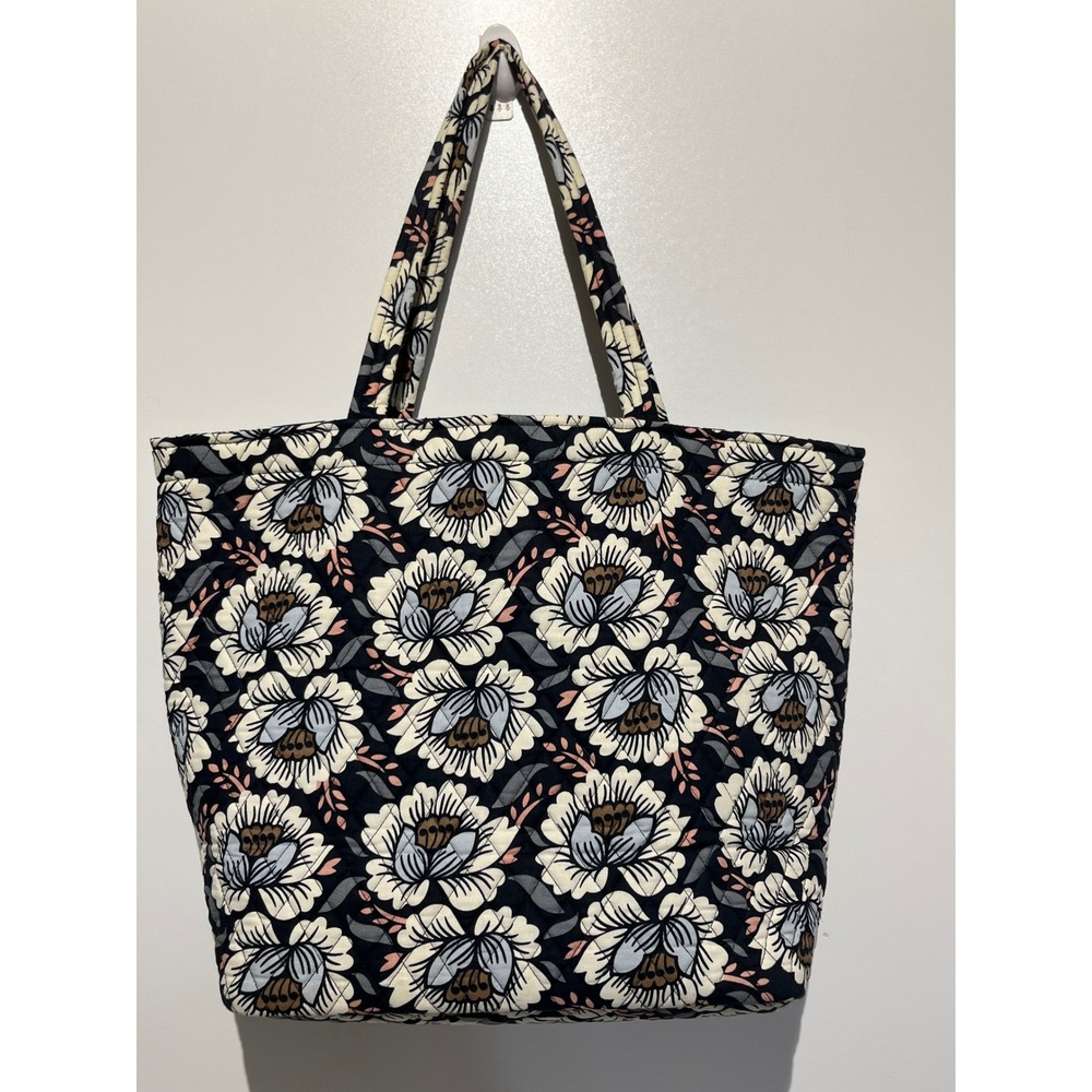 Vera Bradley Quilted Cotton Floral Tote Bag Black Cream Grey Large Shoulder Bag - Picture 1 of 9